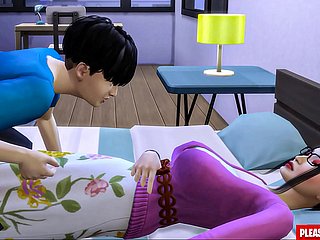 Stiefzoon neukt de Koreaanse stepmom Aziatische stiefmoeder deelt hetzelfde edging met haar stiefzoon in de hotelkamer